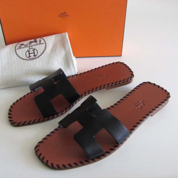 HERMES Oran "H" cut-out black braided sandals 41 Italy - Picture 2 of 9